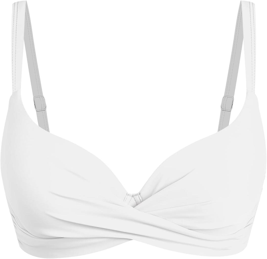 ZAFUL Women Twist Front Underwire Bikini Top Push Up Lace Up Swimsuit Tops Bra Padded Bathing Suit Tops (Large, 0-white)