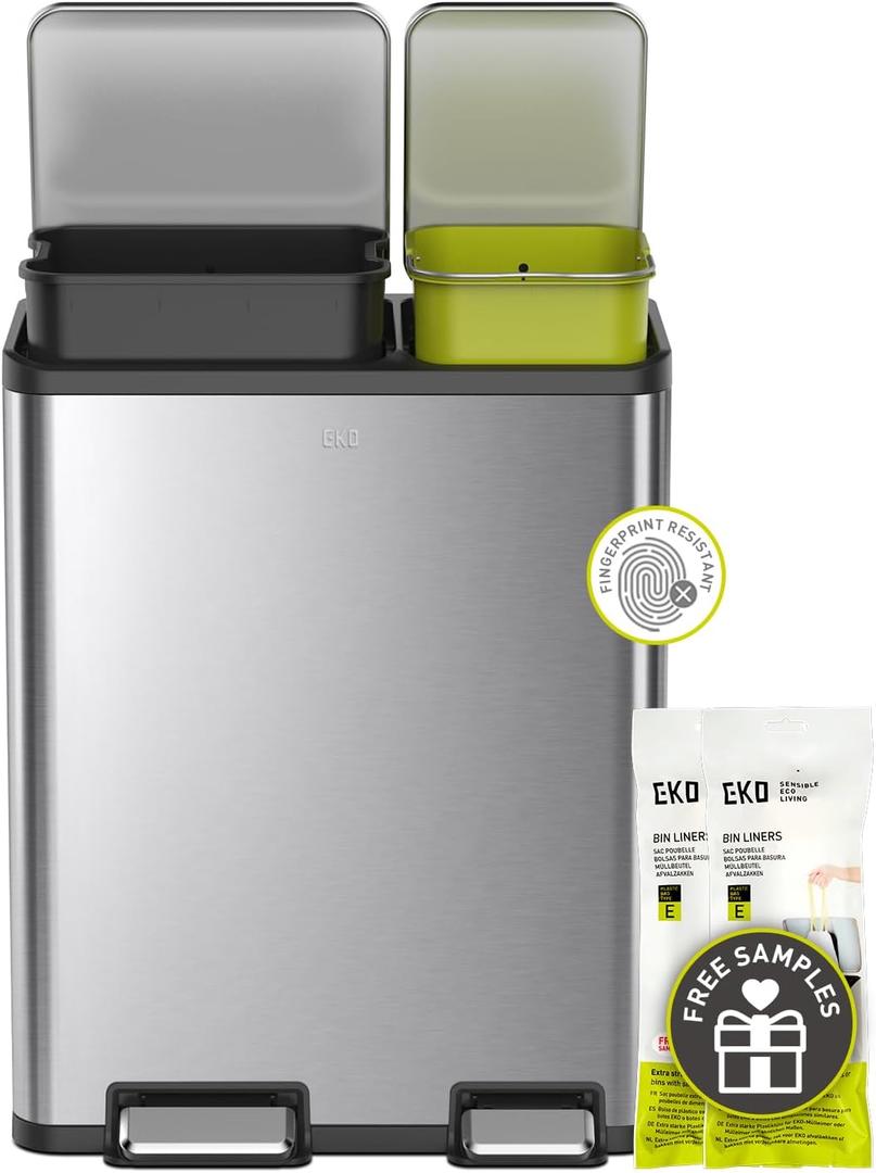 EKO EcoCasa Stainless Steel Dual Step Trash Can for Recycling, 30L+20L Rectangular Kitchen Trash Can, Independent Pedals and Lids, Soft Close and Fingerprint Resistant
