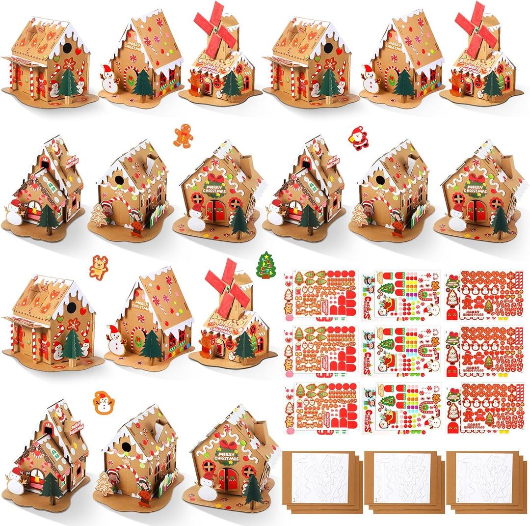 Libima 18 Set Christmas Gingerbread House Crafts Kit Bulk DIY Make Your Own Gingerbread Cardboard House with Stickers Craft for Kids Gift Christmas Holiday Activities Classroom Party Decoration