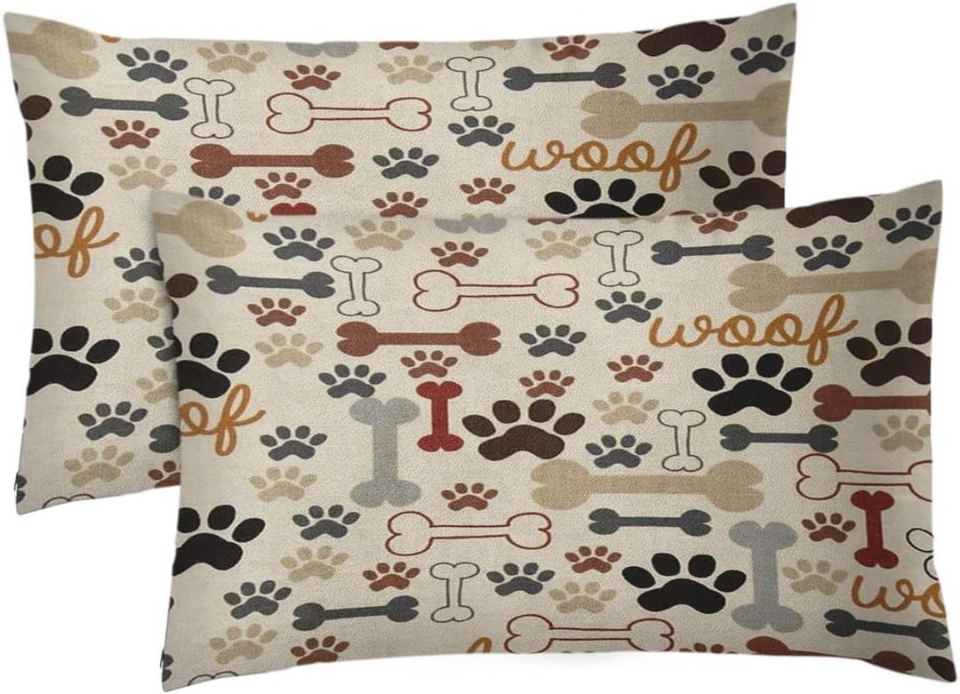 Emvency Set of 2 Decorative Throw Pillow Cover King Size 12x20 Inches Dog Bones and Paw Prints Pillowcase with Hidden Zipper Decor Cushion Gift for Home Sofa Bedroom Couch Car