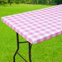 Smiry Rectangle Picnic Table Cloth, Elastic Waterproof Fitted Vinyl Tablecloths, Flannel Backed Buffalo Plaid Table Covers for Dining, Camping, Valentines(White and Pink, 30" x 48")