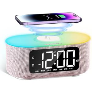 JALL Fabric Alarm Clock for Bedroom, with Big Led Screen Display, Bluetooth Stereo Sound Speaker, FM Radio, Fast Wireless Charging, USB Charging Port, Nightlight, White Noise, Ideal for Gift, Pink