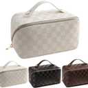BIVIZKU Large Capacity Brown Checkered Makeup Bags Portable Travel Cosmetic Bags Open-Flat Toiletry Bag for Women Girls Make Up Organizer with Divider Pouch Zipper Bag (white-checkered)