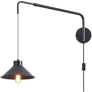 Afirstcght Black Swing Arm Wall Sconce UFO Lampshade Plug in Wall Lights 34.64" Extend Rod Wall Light Fixture with ON/Off Cord for Living Room Bedroom Study Room