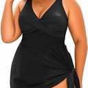 One Piece Swimsuits for Women Flowy Asymmetrical Hem Swim Dress with Shorts Built in, Size M