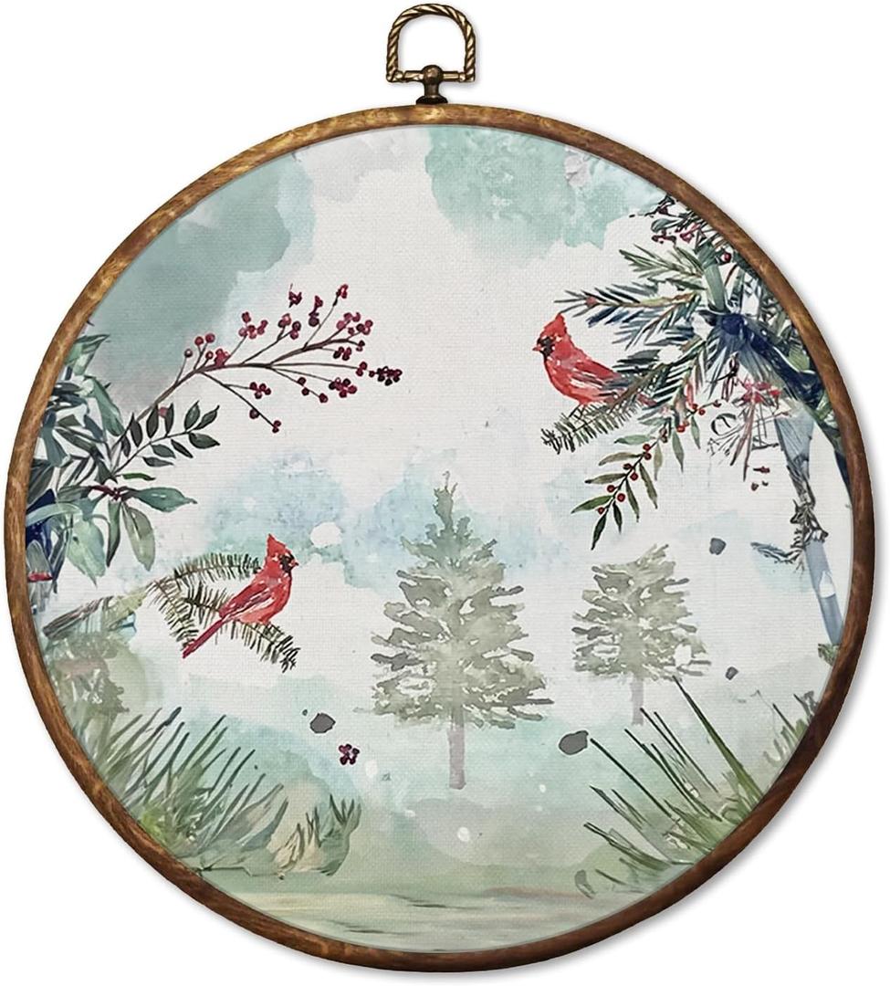 HUGANE Rustic Winter Cardinal Bird Round Wall Art Decor, Cozy Farmhouse Winter Red Cardinal Birding Hanging Canvas Framed Prints Wall Sculptures for Home Bedroom Living Room Decor, 10x10 Inch