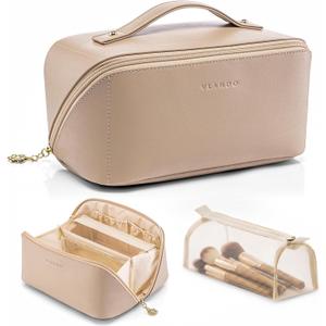 VLANDO Makeup Bag,Travel Toiletry Bag,Cosmetic Bag for Women PU Leather Portable Make up Bag for Skincare, Brushes & Travel Essentials-Toffee