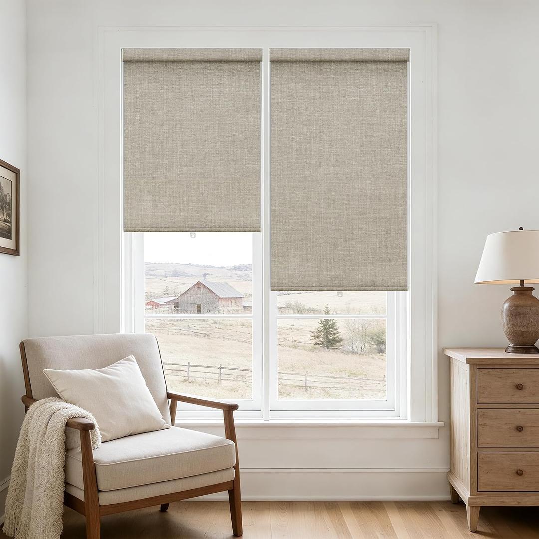 100% Blackout Cordless Roller Shades for Bedroom Free-Stop Blinds with Valance UV Protection Black Out Linen Shades Blinds for Indoor Bathroom Windows Living Dining Room Beige Oatmeal W26xH72