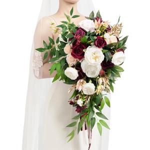 Ling's moment Burgundy Bridal Bouquet Cascading, Marsala Wedding Bouquets for Bride, 15 Inch Bride Bouquets for Wedding Artificial Flowers Bouquets