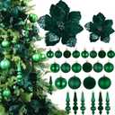 Janinka 36 Pack Christmas Poinsettia Flowers Decoration Set Include 12 Pcs Artificial Glitter Poinsettia, 24 Pcs Hanging Christmas Balls and Teardrop Ornaments for Xmas Holiday Decor(Dark Green)