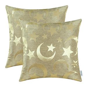 CaliTime Pack of 2 Throw Pillow Covers Cases for Couch Sofa Home Decor Modern Shining & Dull Contrast Stars & Moon 18 X 18 Inches Gold