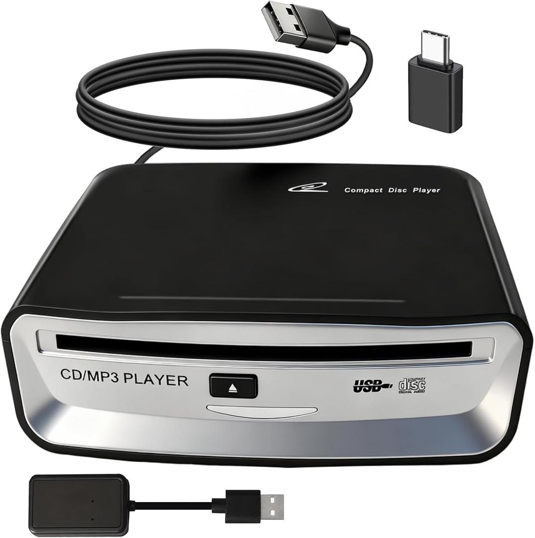 Portable CD Player for Car, External USB Compact Disc Drive for Vehicles Without Built-in Audio, Advanced Anti-Skip & Resume Playback, Dual Connection for Road Trips, Black