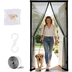 Magnetic Mesh Screen Door, Screen Door Mesh, Easy Install, Heavy-Duty Reinforced Mesh, Keep Bugs Out, Breeze in, Smooth Auto-Close, Pets & Kids Friendly, Hands-Free (Black 40inch*82inch)