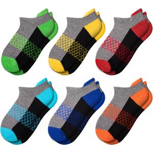 Comfoex Boys Socks 6 Pairs Ankle Athletic Sock Half Cushioned Low Cut Socks For Little Big Kids (7-10 Years)