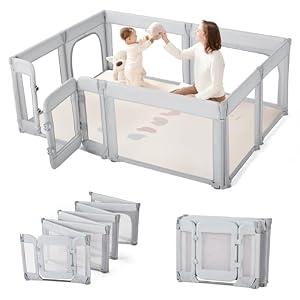 Sweeby Foldable Baby Playpen, 71x59 Playpens for Babies and Toddlers Large Play Yard with Door Baby Fence with Gate and Indoor & Outdoor Play Pen,LightGrey