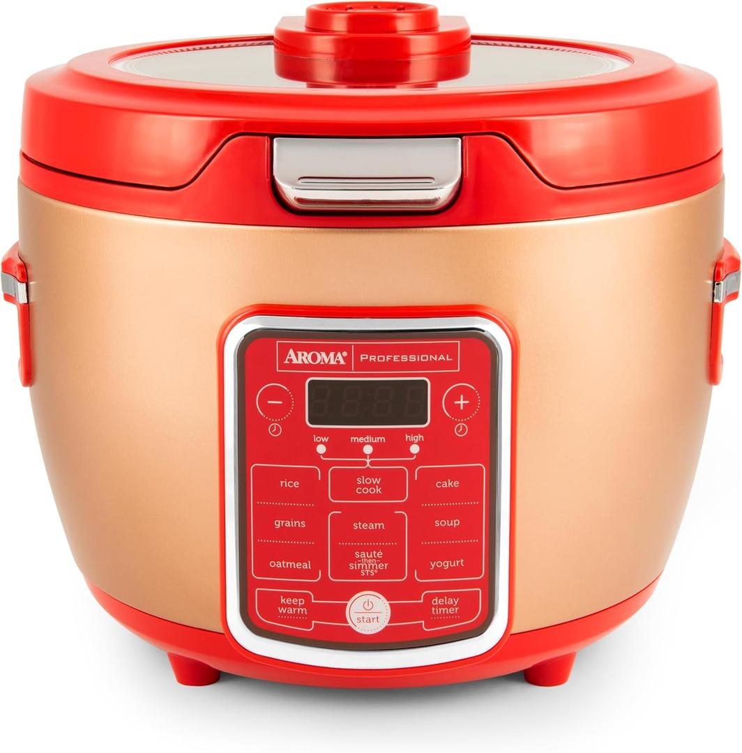 Cool Touch Rice Cooker with Glass Lid, Food Steamer, Slow Cooker, Multicooker with 11 Preset Functions, Steam Tray, Measuring Cup, Rice Spatula, 20 Cups (Cooked) (Red)