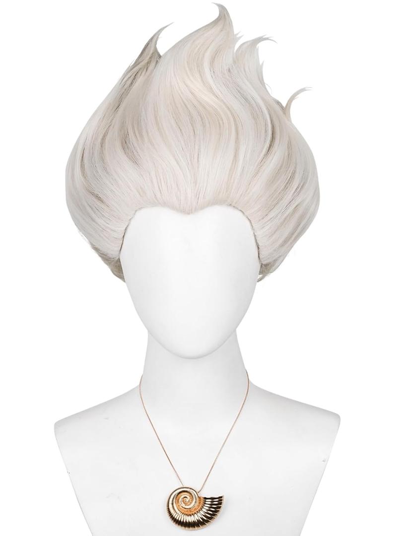 Short Curly Gray Blonde Sea-Witch Costume Wig + Necklace + Wig Cap Platinum Blonde Cosplay Wigs Synthetic Hair for Women Halloween Party