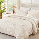 Andency Ruched Beige Queen Comforter Set, Shabby Chic Pleated Bedding Sets 3 Pieces, Lightweight Soft Boho Ruffle Bed Set for Girls, Kids, Women, All Season