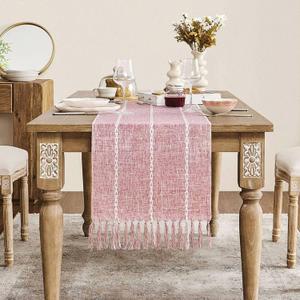 ZeeMart Rustic Linen Boho Table Runner, 90 Inches Long, Dusty Pink Braided Striped Pattern for Dining Party Holiday, 15x90 Inches
