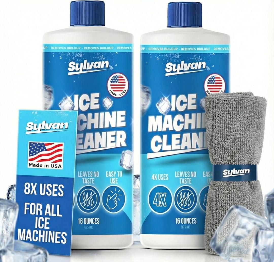 Sylvan Ice Machine Cleaner and Descaler | 2x 16 oz (8 uses) | Free Cloth | Made in USA | Nickel Safe Ice Maker Cleaner and Descaler | Universal Compatibility for Commercial & Residential Ice Makers
