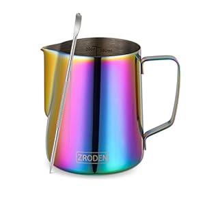 Milk Frothing Pitcher, 20oz Espresso Steaming Pitchers Stainless Steel Cappuccino Coffee Machine Accessories Barista Tools Steam Froth Pitchers Milk Jug Cup with Decorating Pen Latte Art, Rainbow