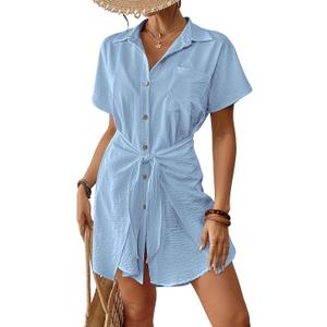 Bsubseach Womens Swimsuit Coverup Short Sleeve Button Down Tie Beach Shirt Dresses Summer Bathing Suit Cover Up Swimwear Blue L