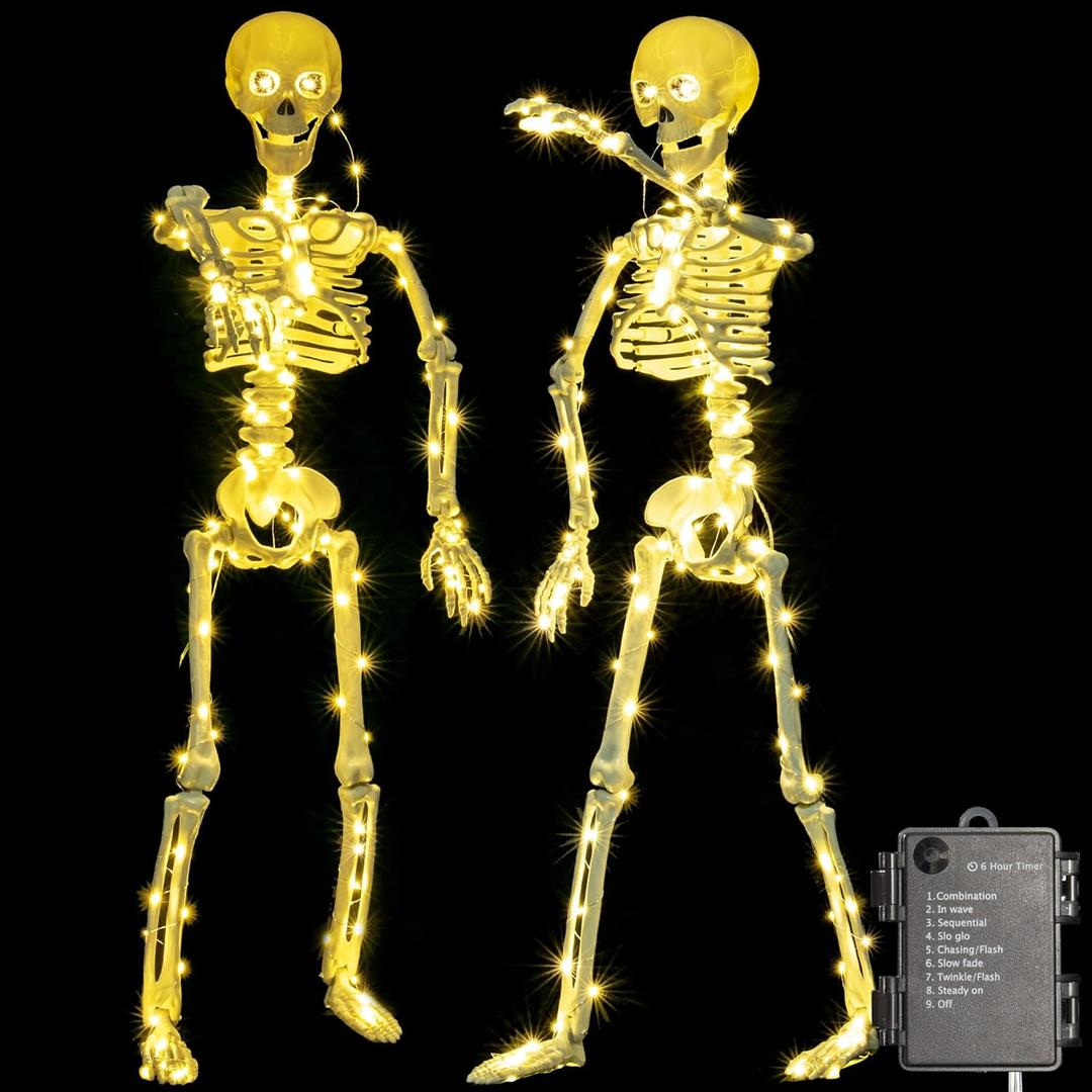 HBSTK 2 Pack 40 Inches 300 LED Light Up Halloween Skeleton Full Body Posable Movable Jonints for Halloween Decoration Dcor