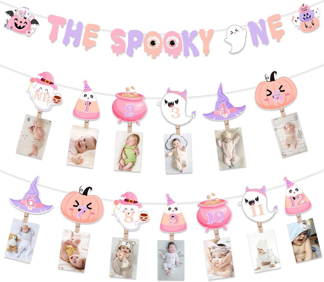 Balterever Halloween First Birthday Party Decorations for Girls Pink Halloween First Birthday Monthly Photo Banner with Clips the Spooky One Bday Banner for Little Boo Party Supplies 