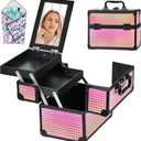 Makeup Case Organizer,Makeup Train Case, Trays Cosmetic Box Portable, Profesional for Salon Barber,Black Bright Pink