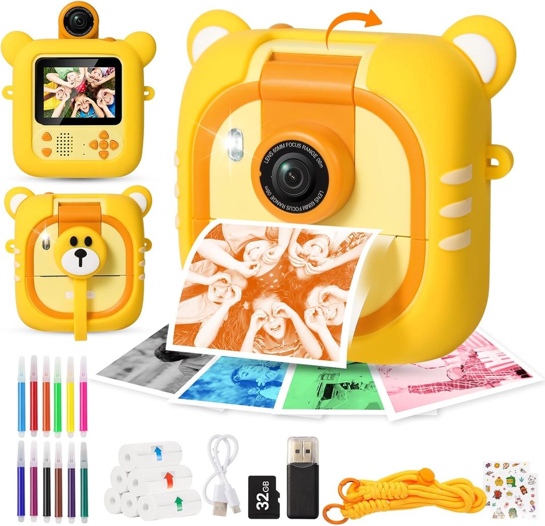 Kids Camera Instant Print, 7 Print Paper (4 Color: O/R/G/B+3 B&W), 2.4" Screen Instant Camera for Kids Ages 3-12,1080P, 180Flip Lens,32GB Card- Christmas Birthday Present for Boys & Girls,M2