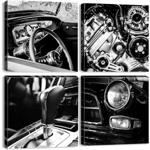 Black and White Car Wall Art Vintage Car Posters for Mens Bedroom Office Decor Vehicle Canvas Prints for Boys Room Wall Decor Retro Classic Cars Engines Framed Artwork Home Decoration 12x12 4Pcs