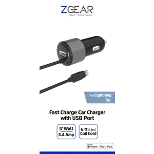ZGear® Dual Output Lightning Car Charger with USB Port for iPhone 5, 6 ft