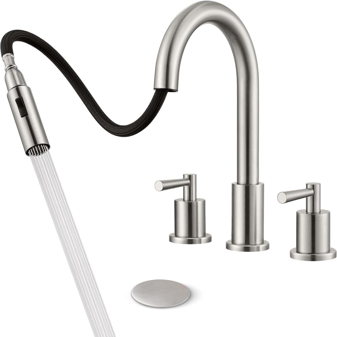 Bathroom Faucet 3 Hole - 8 Inch Widespread Bathroom Faucet with Sprayer, Brushed Nickel Sink Faucet Bathroom 2 Handles - Pull Down Vanity Faucets with Pop Up Drain and Supply Lines