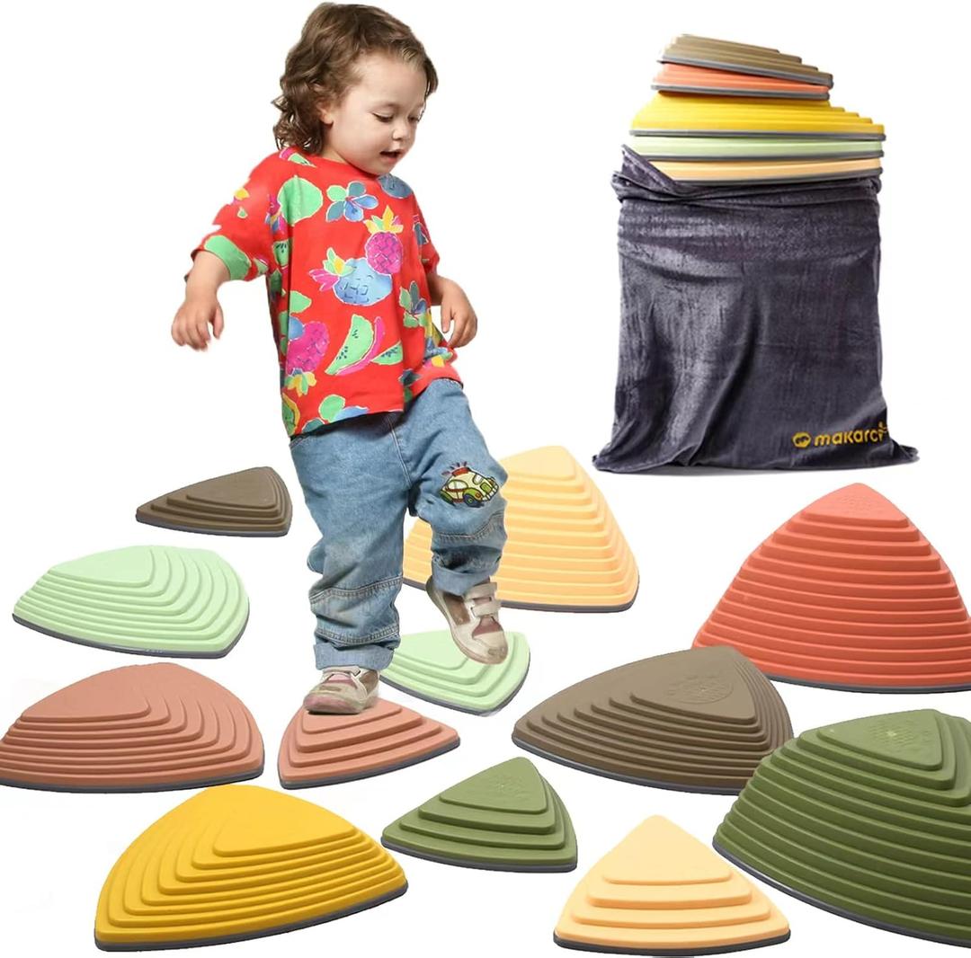 makarci Stepping Stones for Kids 12pcs Obstacle Courses Play Indoor Outdoor, Full Rubber Rim Plastic Hilltop for Kids Balance and Integration Improvement Age 3 4 5 6 7 8 +Forest, Medium