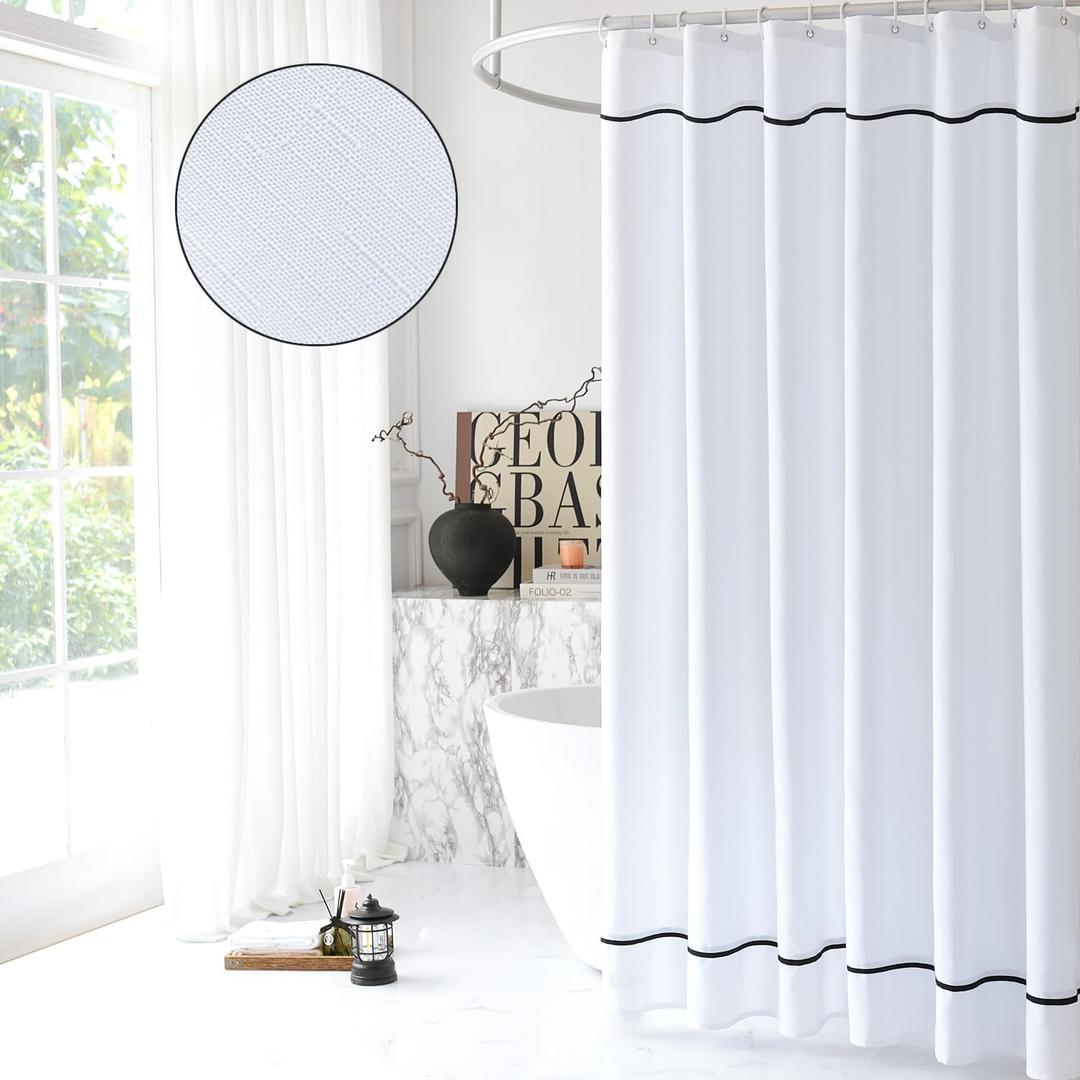 White Shower Curtain with Black Border, Modern Chic Faux Linen Fabric Shower Curtains for Bathroom and Hotel,36 x 72 Inches