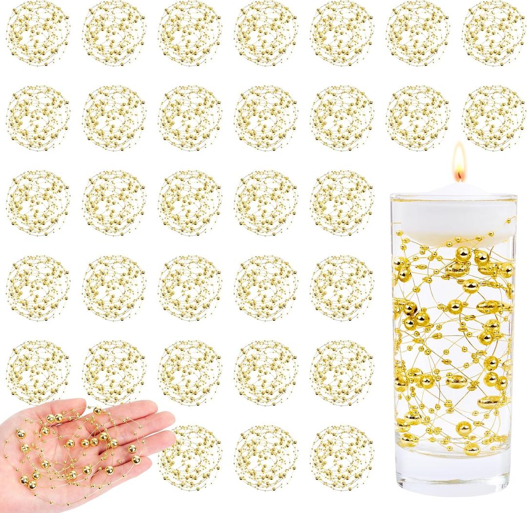 30 Pcs 78.7 FT Artificial Floating Beads for Centerpieces Vases, Gold Pearls String for Vases Filler Floating Candle Faux Beads Pearls String for Vase Centerpieces
