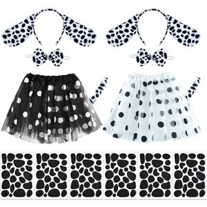 Coopay 14 Pieces Dalmatian Costume Set Spotted Dog Ear Headband, Bow Tie, Tail, Tutu Skirt and Adhesive Felt Stickers Accessories for Halloween Cosplay Costume Dress Up Party Decoration