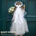Funtery Girl First Communion Veil Flower Crown Veil with Bow Cross White Lace Floral Headband Rhinestone for Catholic Baptism(Cute Bow Ribbon)