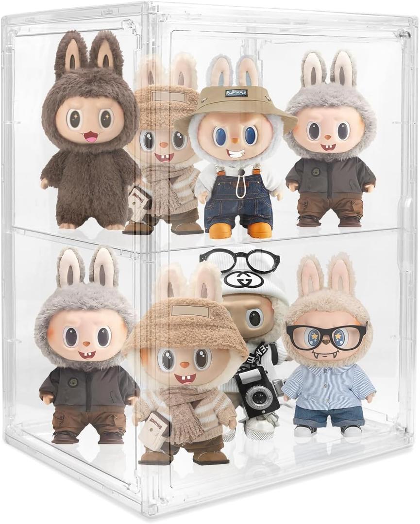 Acrylic Display Case - 2 Layers Transparent Doll Display Box Oversized with Magnetic Lid and Removable Partitions for Storing Dolls, Models and Cosmetics