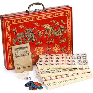 Cedilis Chinese Mahjong Game Set with 146 Large Tiles(1.4", Ivory), 2 Dice and Red Carrying Case for Chinese Style Game, Family Gathering