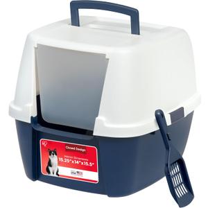 IRIS USA Cat Litter Box, Large Enclosure with Front Door Flap and Scoop, Covered Box with Handle and Buckles for Portability and Privacy, Navy/White