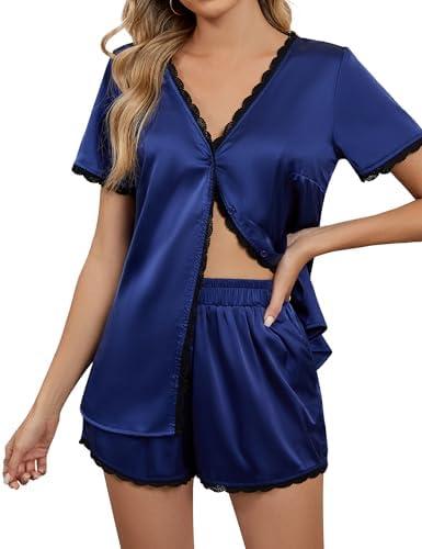 Blooming Jelly Women's Satin Pajama Set 2 Piece Lounge Pjs Shorts Set Summer Button Down Sleepwear Cozy Loungewear, Size: L