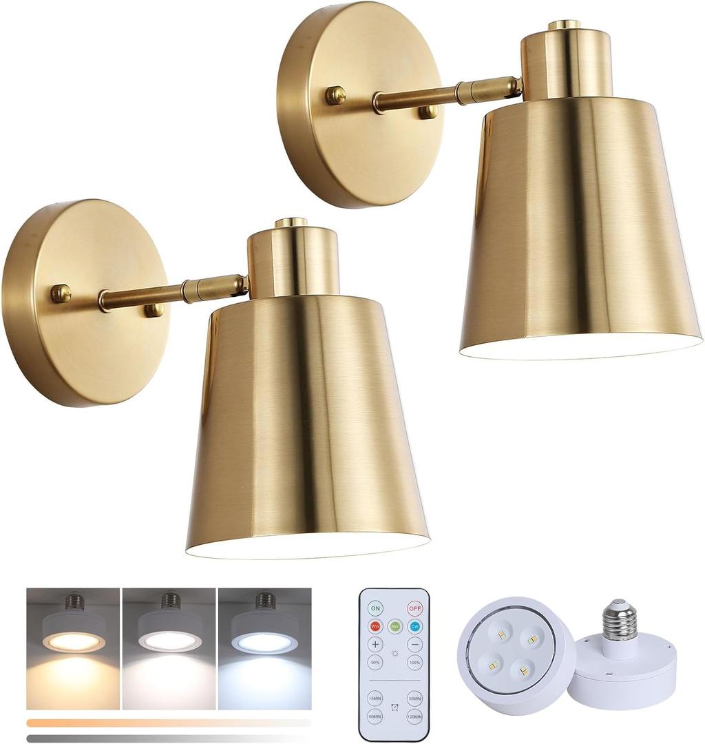 Battery Operated Wall Sconce Set of Two,Gold Modern with Remote Control Dimmable Wall Lighting Indoor, Not Hardwired Led Wall Lamp Fixtures for Bedroom, Bulb Included