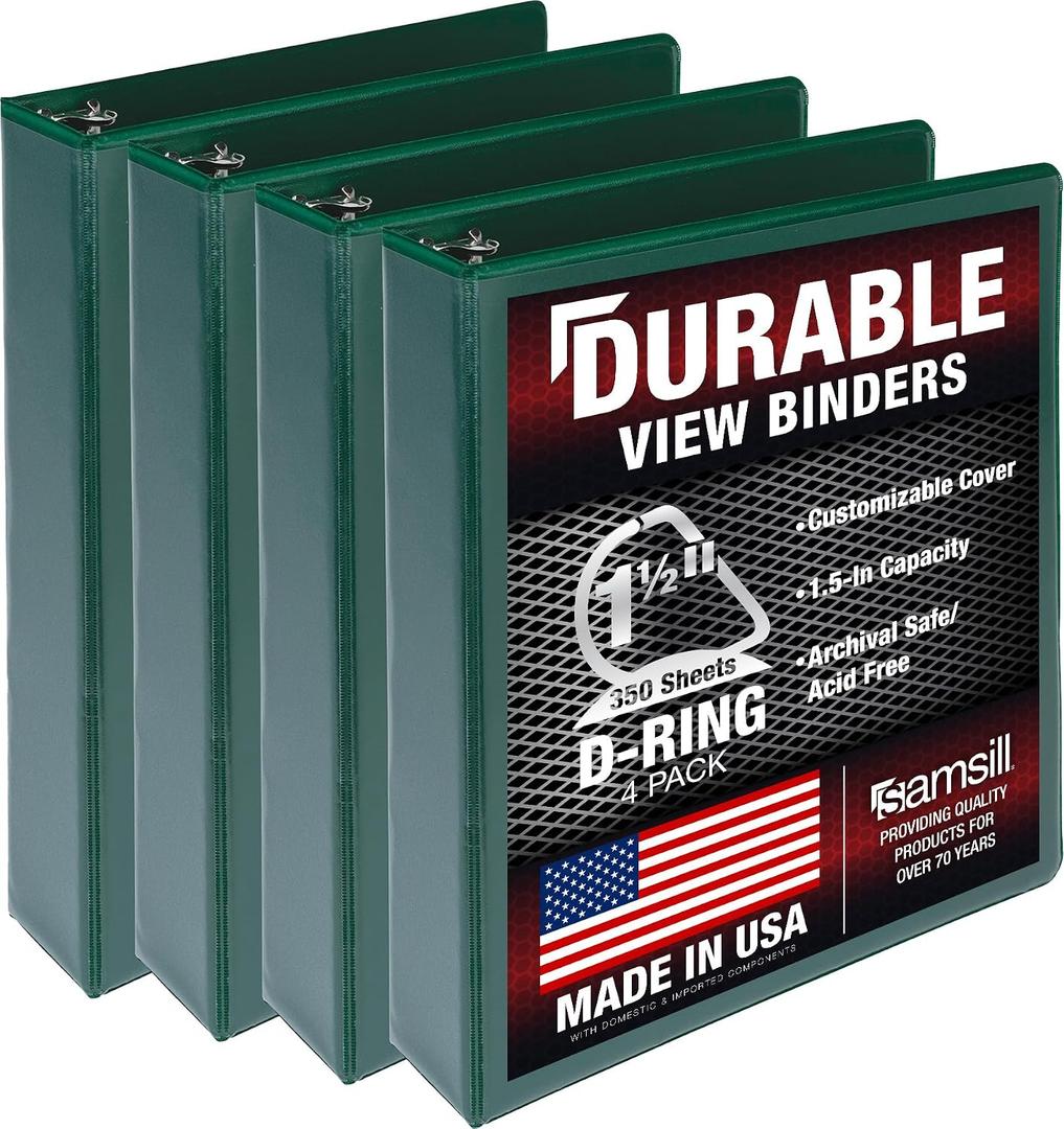 Samsill Durable 1.5 inch 3 Ring Binder, D Ring Binder, 100% Recycled Chipboard, Green, 4 Pack