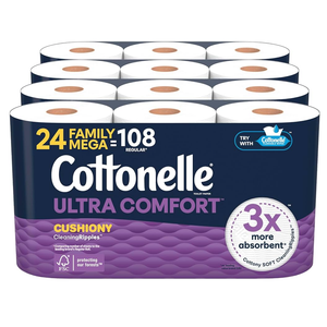 Cottonelle Ultra Comfort Toilet Paper with Cushiony CleaningRipples Texture, Strong Bath Tissue, 24 Family Mega Rolls = 108 Regular Rolls (4 Packs of 6)