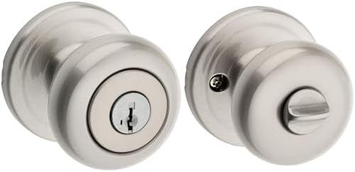 Kwikset Juno Entry Door Knob with Lock and Key, Secure Keyed Handle Exterior, Front Entrance and Bedroom, Satin Nickel, Pick Resistant SmartKey Rekey Security and Microban, 2