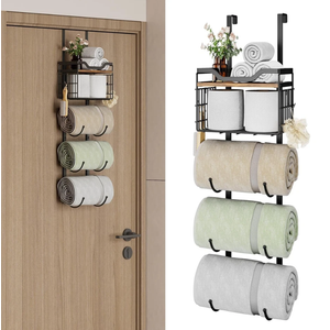Hiskiwuu Over The Door Towel Racks for Bathroom,4 Tier Towel Rack Wall Mounted with Metal Shelf and Hooks,Rolled Towel Storage for Bathroom Door Holder Organizer Hanging,Black