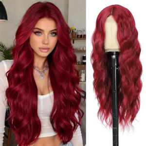 Burgundy Wig 26 Inch Long Wavy Wig for Women - Wine Red Wig Heat Resistant Synthetic Hair Middle Part Curly Wig Natural Look for Daily Party Cosplay Costume Use