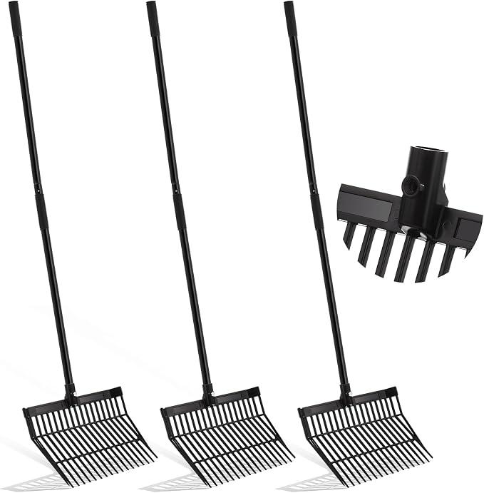 Lasnten 3 Sets Manure Fork with Long Metal Handle Pitch Fork Manure Rake Heavy Duty Muck Rake for Gardening Horse Stable Grass Hay Cleaning Farm Work (Black,Normal Grip)