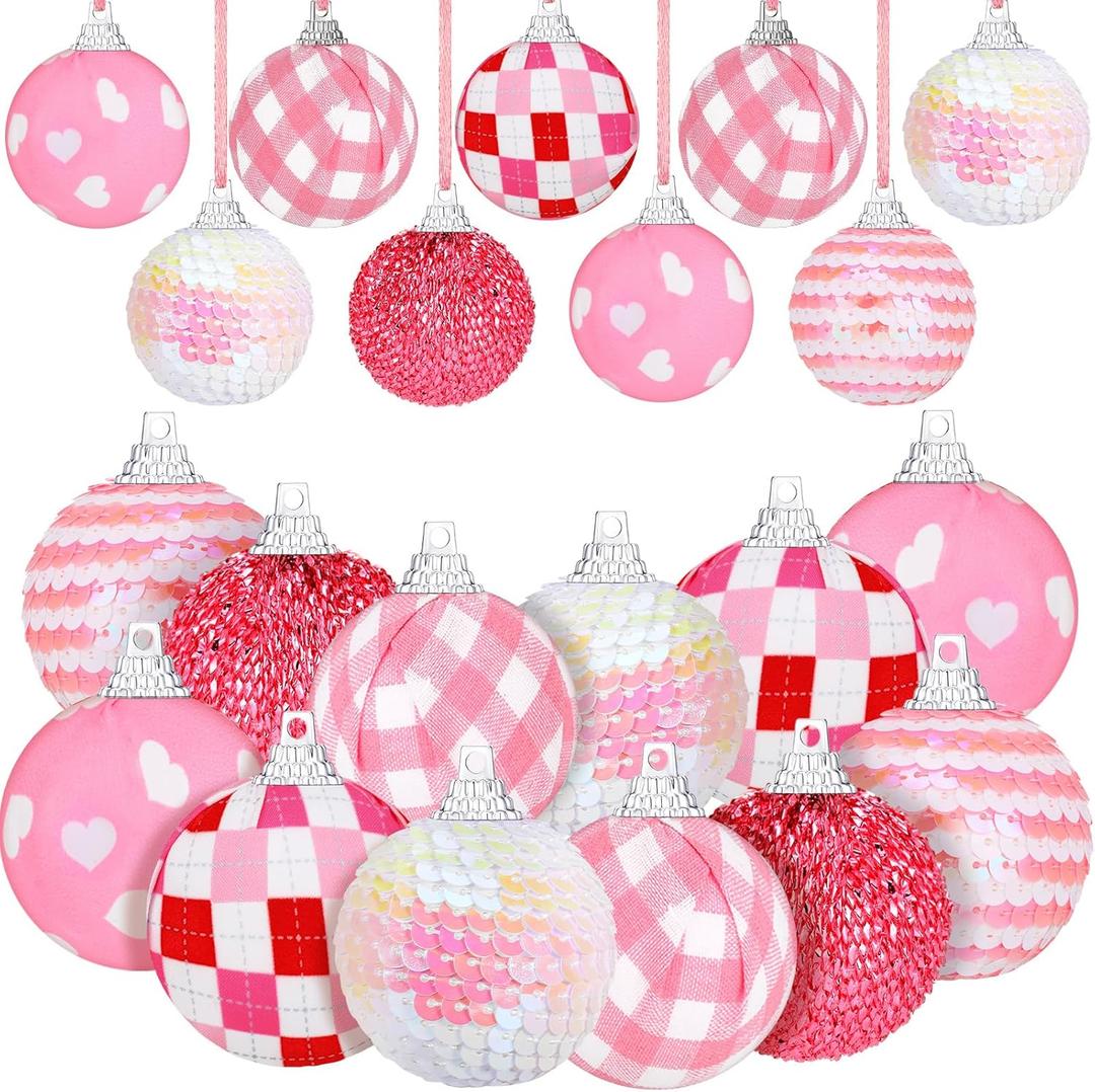 Zhanmai 12 Pcs Valentine's Day Ball Ornaments Pink Mini Fabric Wrapped Ball 1.97 Inch Decorative Hanging Tree Ornaments Love Decorations for Wedding Party Supplies